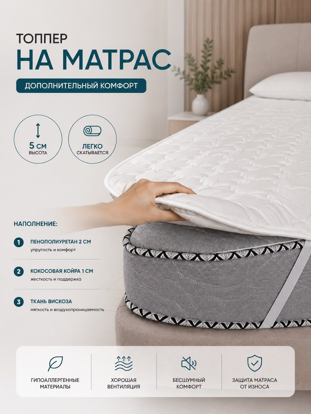 Топпер на матрас Алматы: состав, высота 5 см